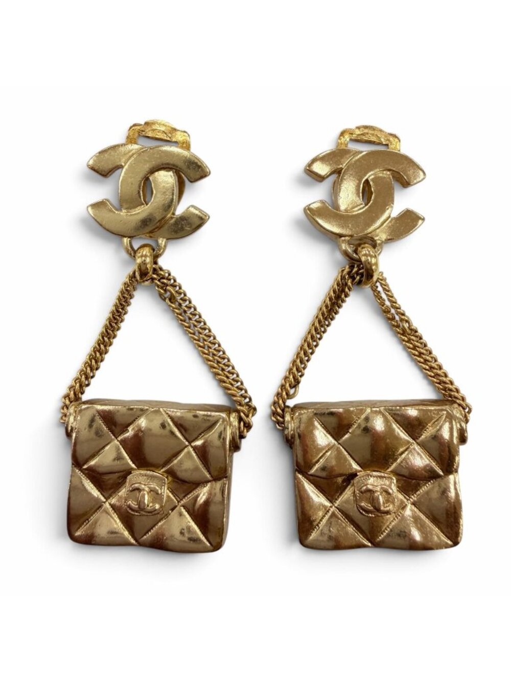 Chanel Vintage Metal CC Logo Quilted Bag Earrings Gold